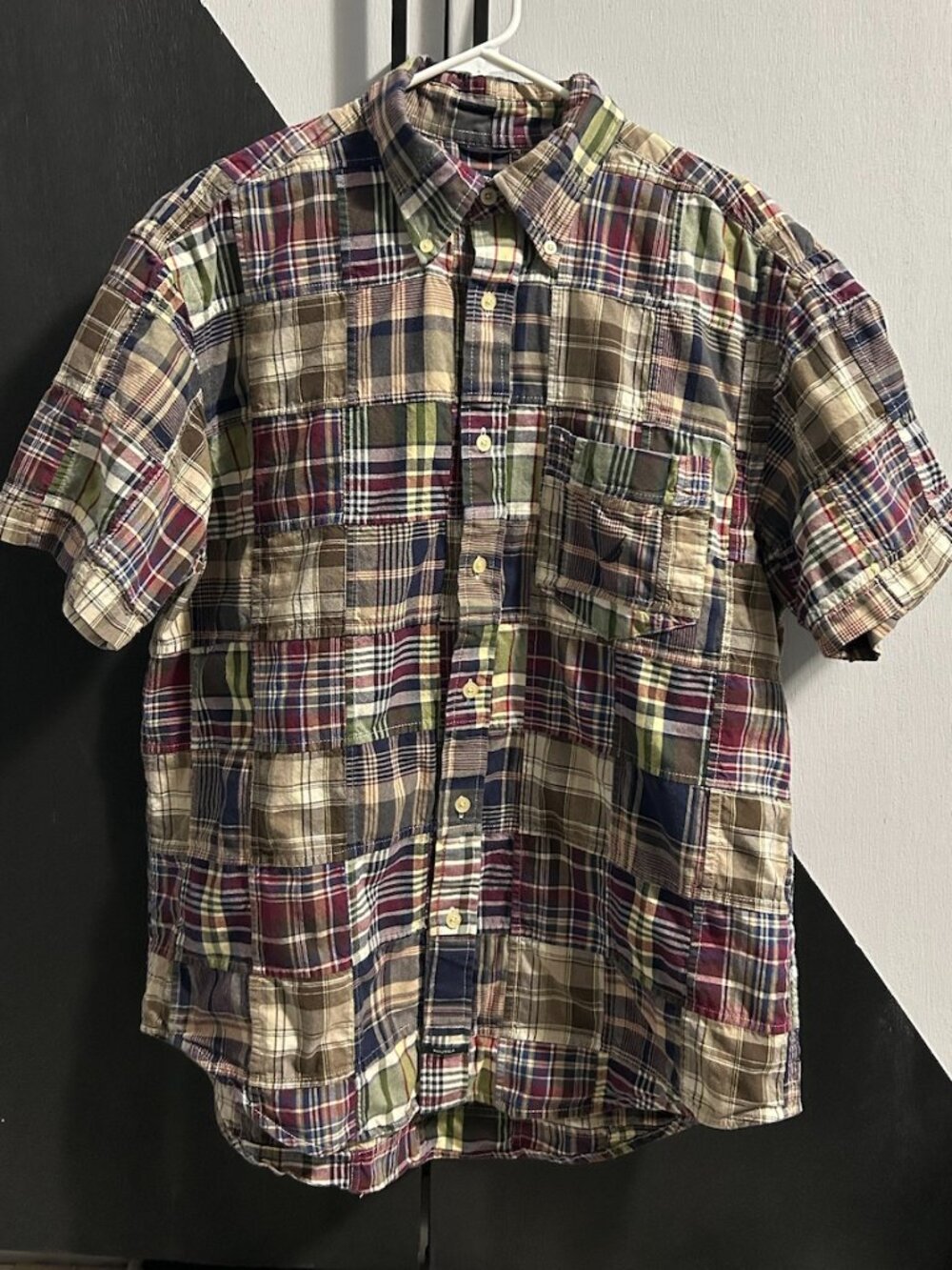 Nautica Madras Plaid Patchwork SS Button Down Shirt Preppy Men's Size L